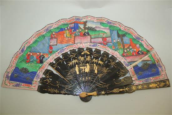 A Chinese export 100 faces fan, 19th century, 28cm, repairs